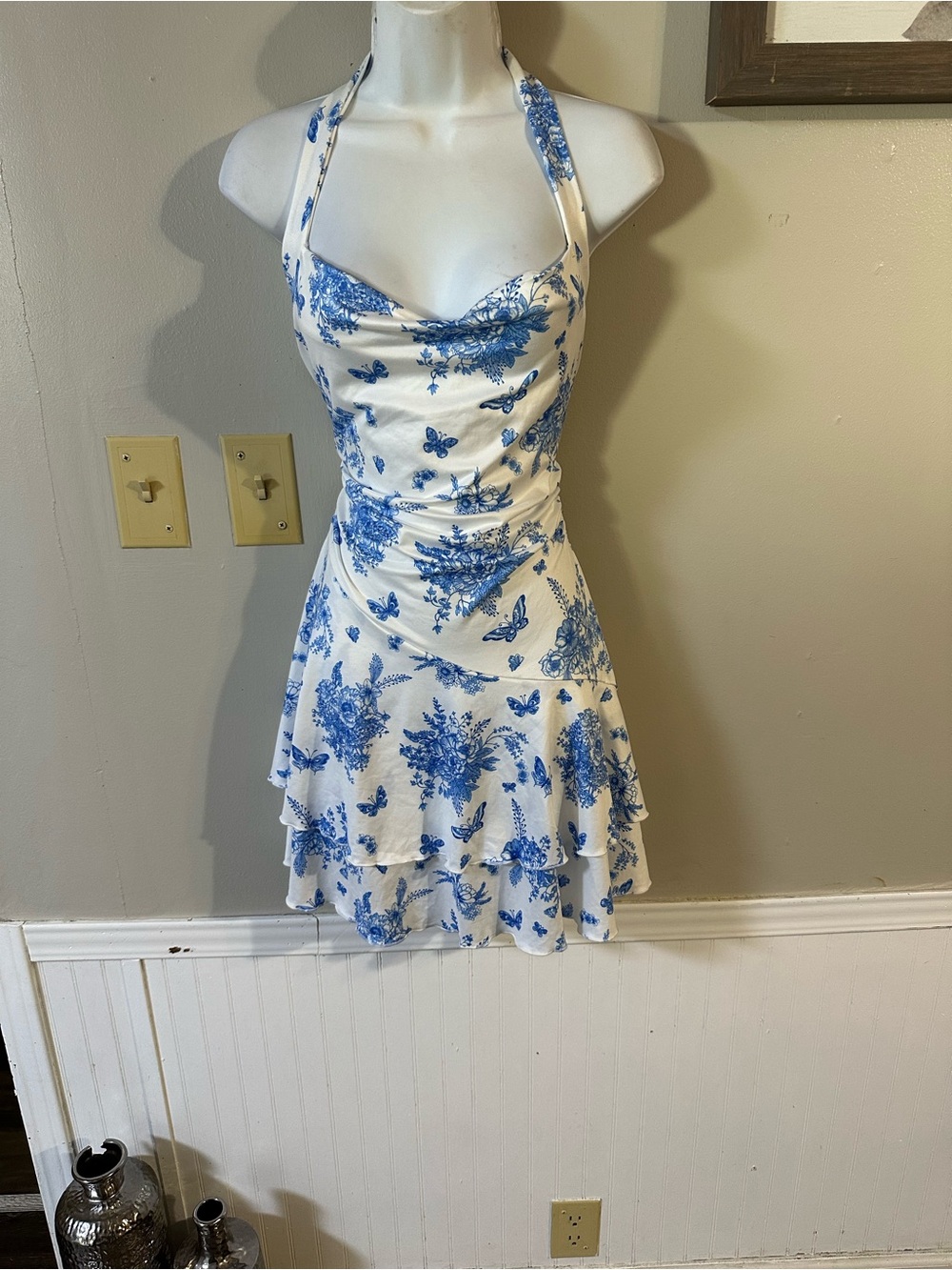 SHEIN White Halter Mini Dress with Blue Floral & Butterfly Print